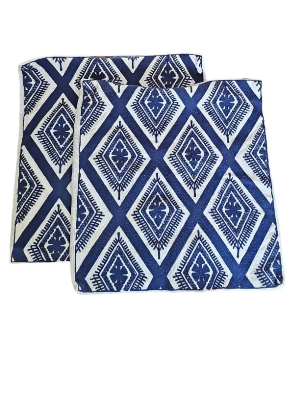 Slow Cow Organic Cotton Pillow Covers Set of 2 Blue White Coastal Boho 17x17